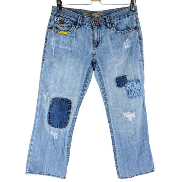Old Navy Y2K Patchwork Capri Blue Jeans Cropped Light Wash Distressed Size 6 - Picture 1 of 11